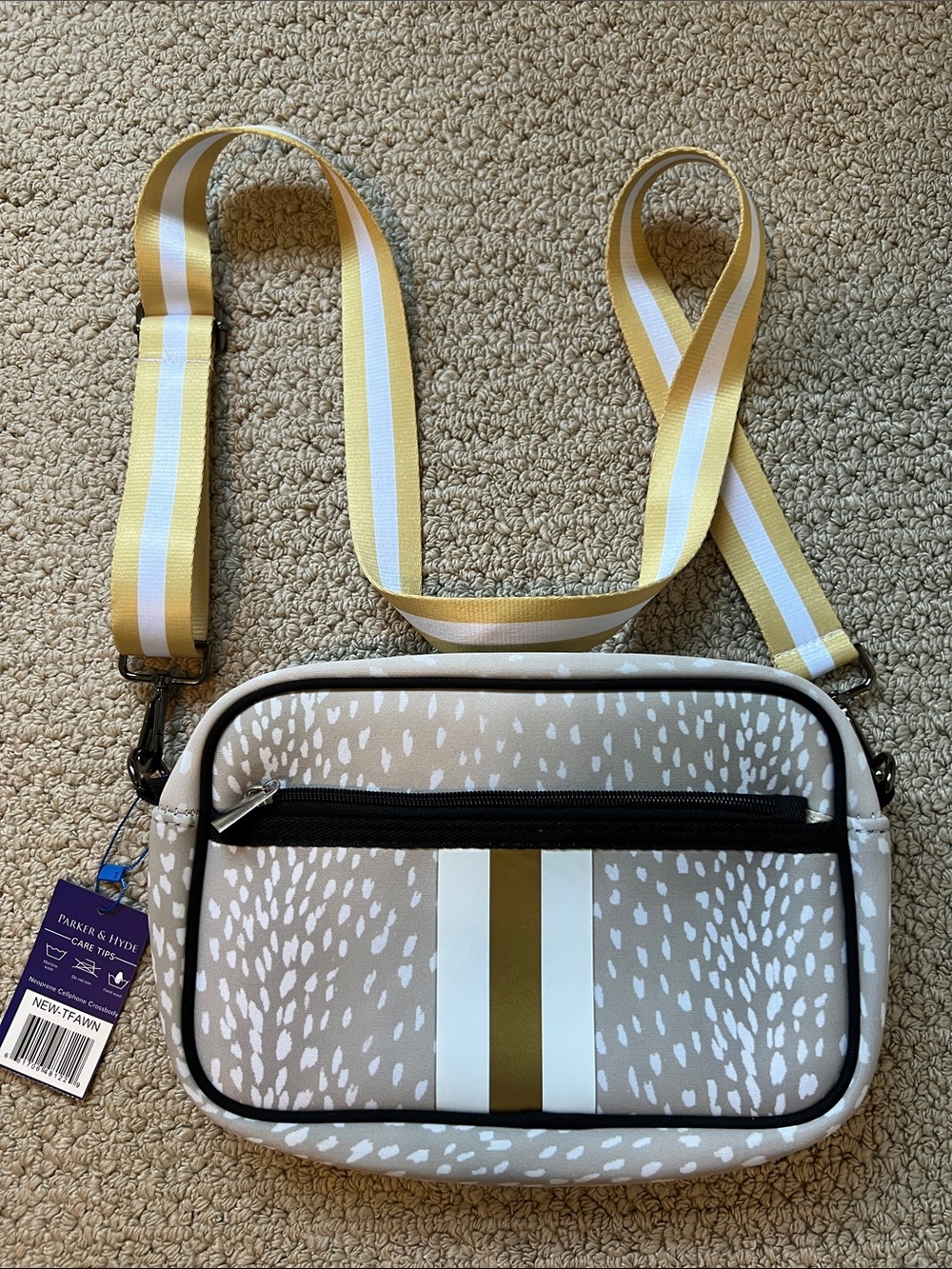 Taupe Speckle Crossbody with Yellow Stripe Accent